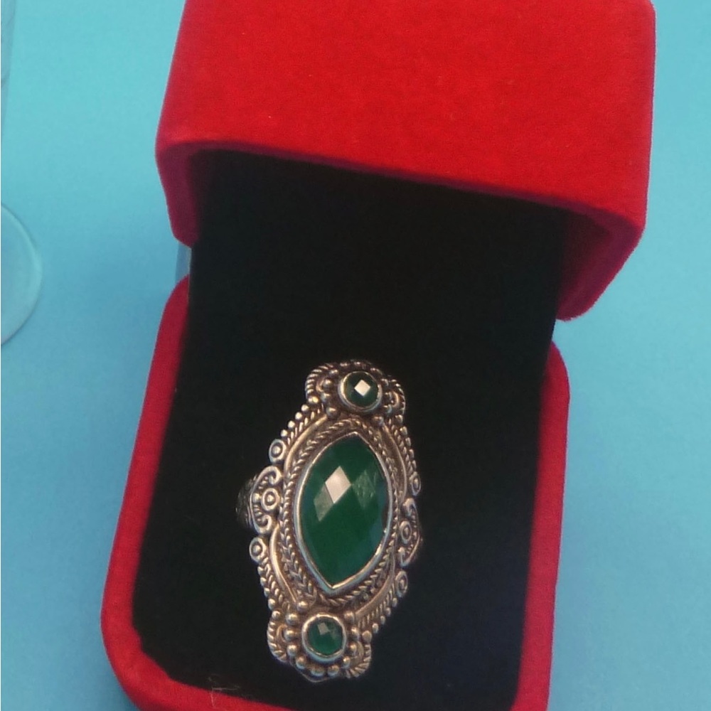 16x10mm Marquise &  round Green Onyx sterling silver ring